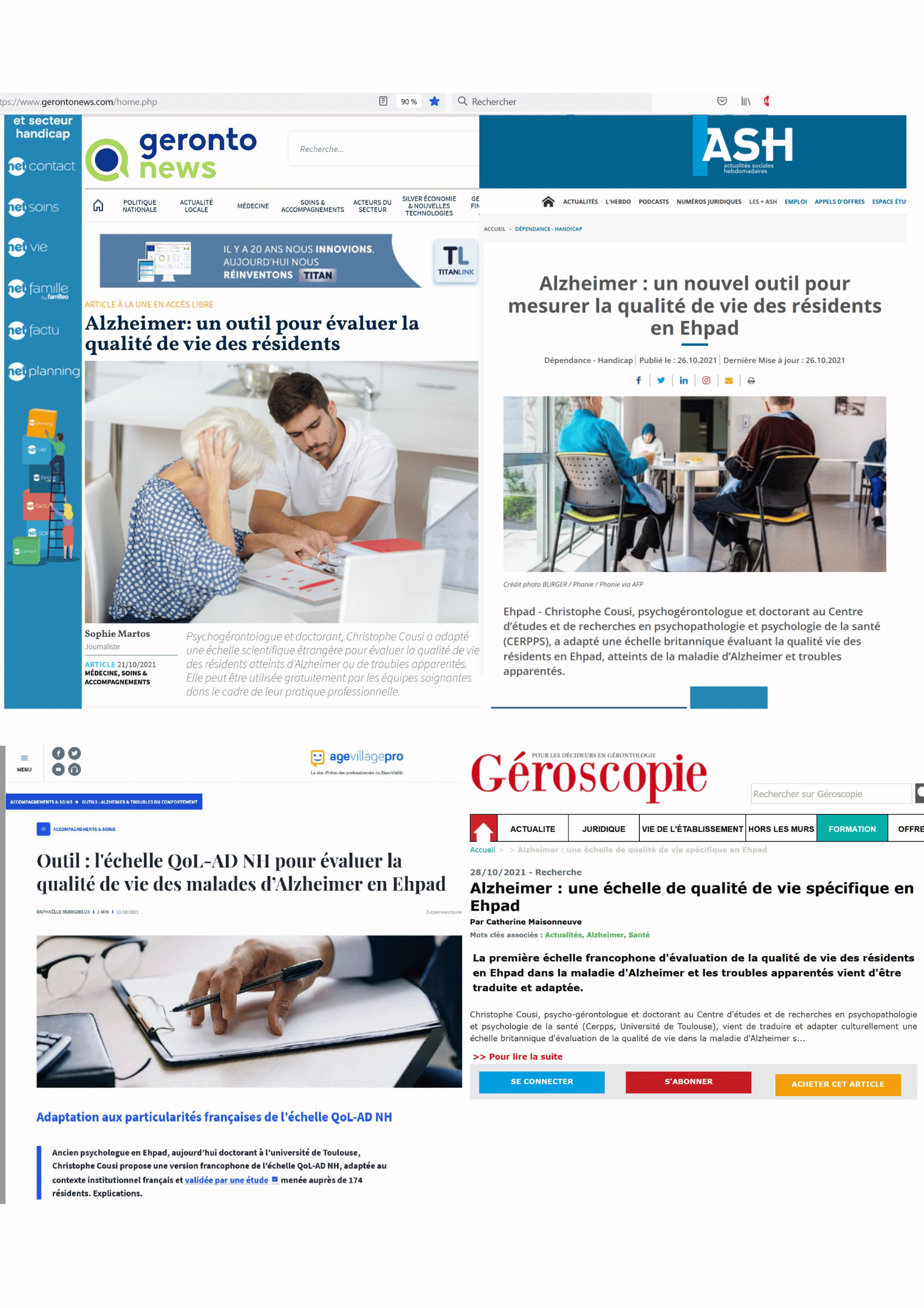 Articles professionnels ayant parlé de la disponibilité de l'échelle de qualité de vie dans la maladie d'Alzheimer - version institution (QoL-AD NH)