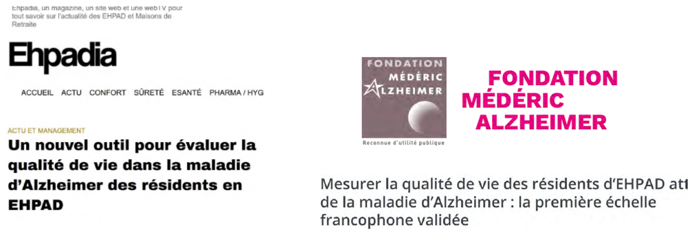 Articles professionnels ayant parlé de la disponibilité de l'échelle de qualité de vie dans la maladie d'Alzheimer - version institution (QoL-AD NH)