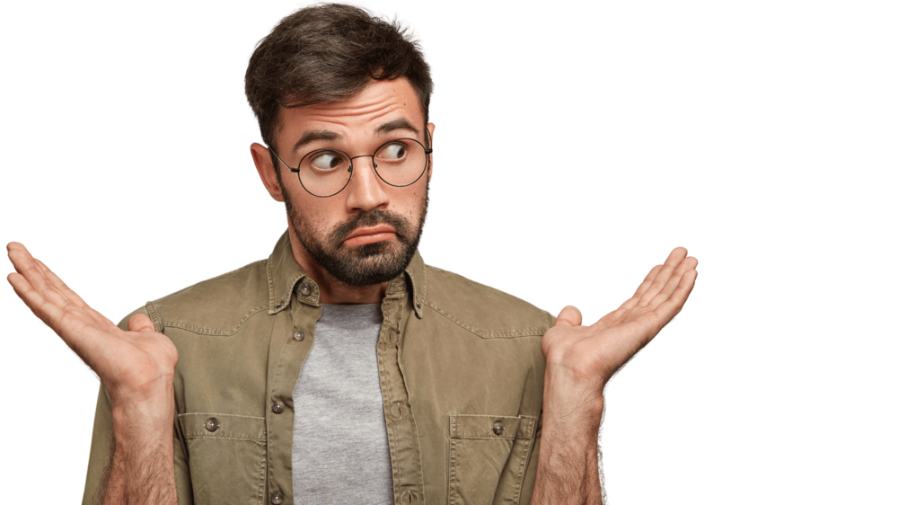 Homme avec une expression hésitante, levant les mains en signe d’incertitude