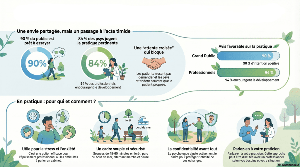 Synthèse visuelle simplifiée des résultats de l’étude sur les consultations psychologiques en extérieur, destinée au grand public